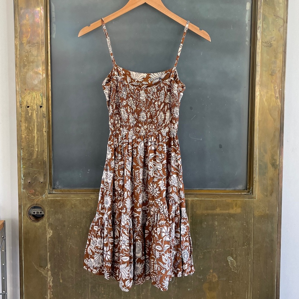 Beachgold Floral Mini Dress Brown Boho Tiered Sundress Size S